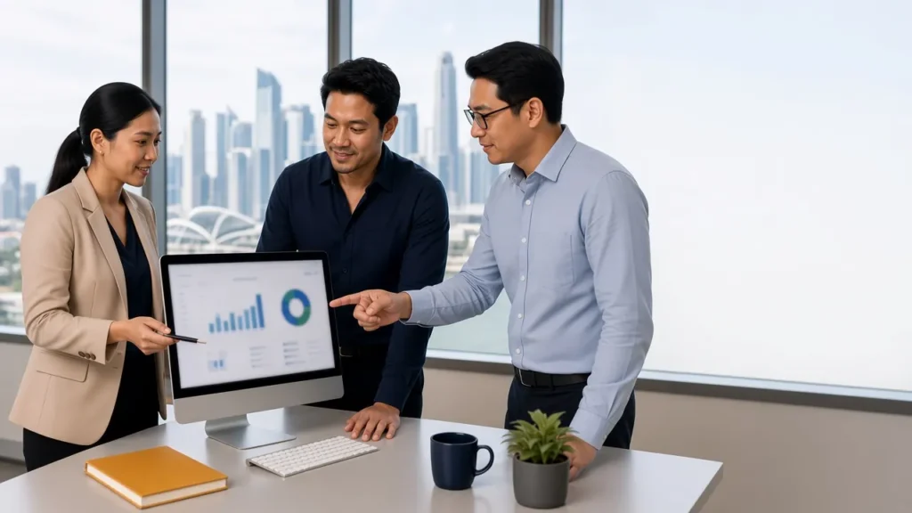 Marketing team reviewing a campaign performance dashboard in a Singapore office