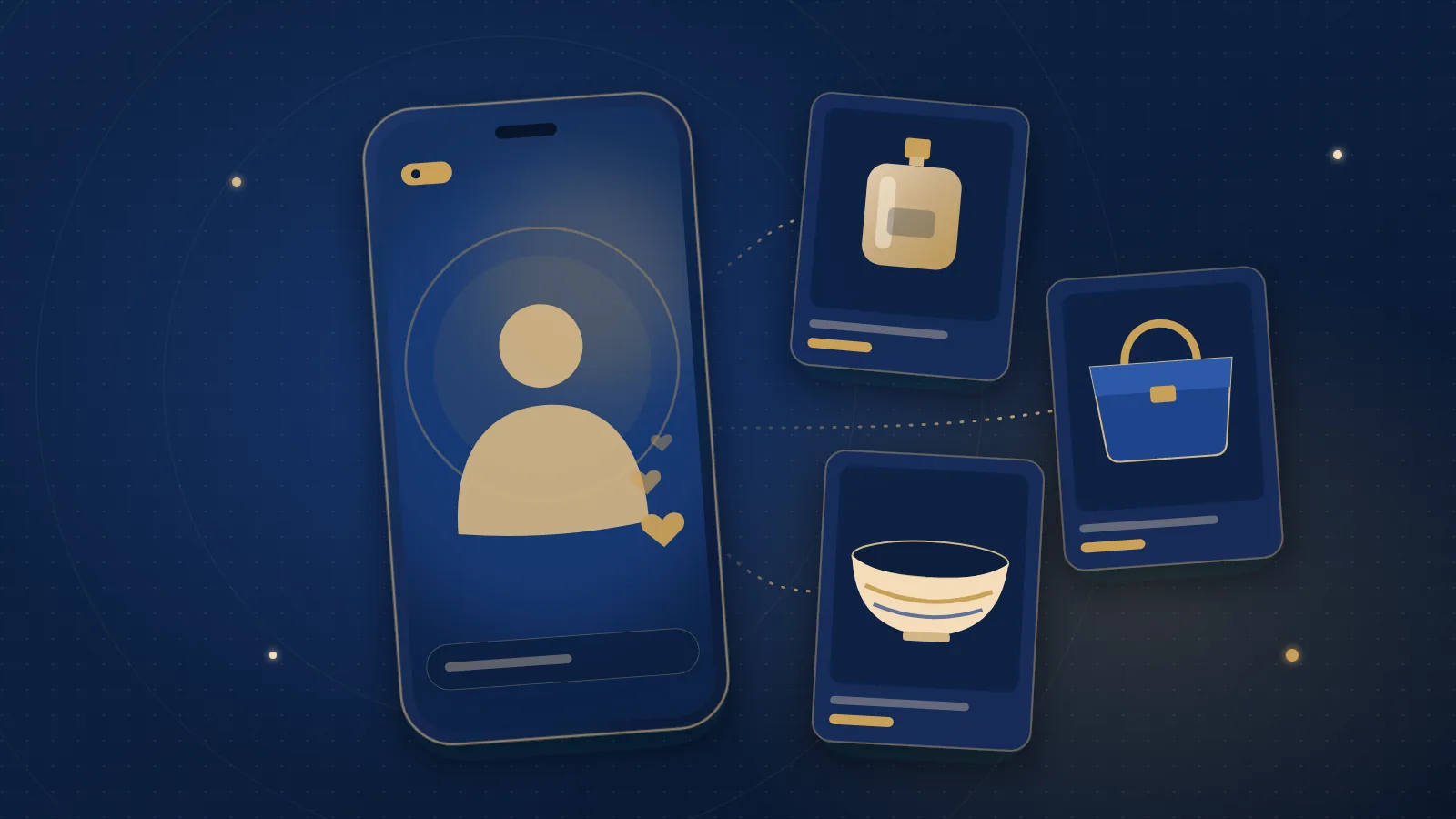 Navy and gold illustration of a smartphone showing an abstract livestream host silhouette with floating hearts, beside three product cards for a perfume bottle, a handbag and a ceramic bowl.