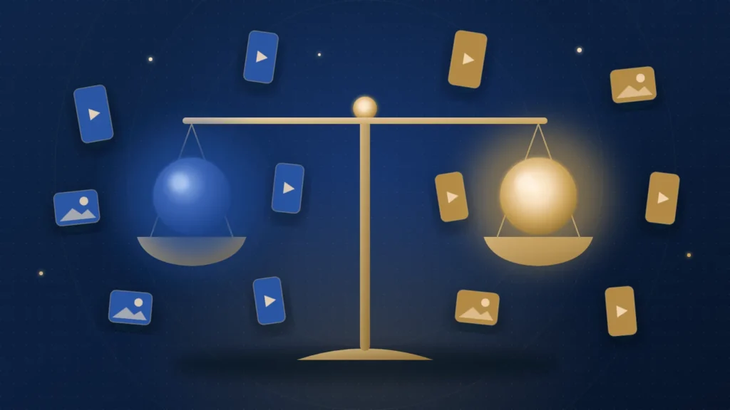 Navy and gold illustration of a balanced gold scale holding a blue glowing orb on one side and a gold glowing orb on the other, surrounded by floating vertical video and photo tiles.