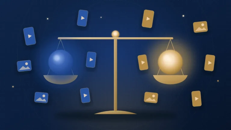 Navy and gold illustration of a balanced gold scale holding a blue glowing orb on one side and a gold glowing orb on the other, surrounded by floating vertical video and photo tiles.