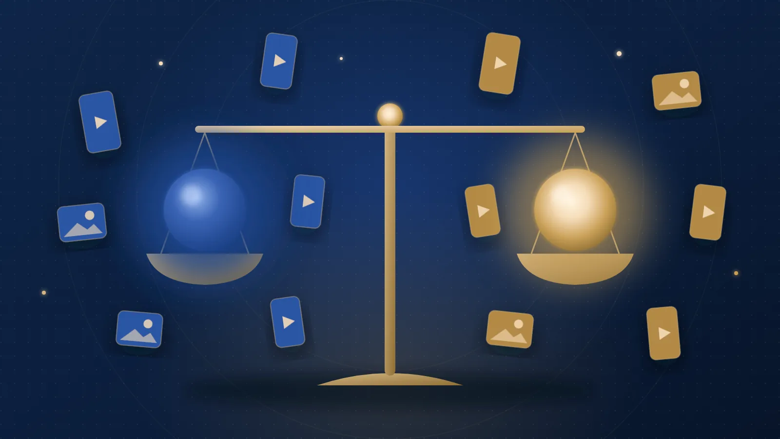 Navy and gold illustration of a balanced gold scale holding a blue glowing orb on one side and a gold glowing orb on the other, surrounded by floating vertical video and photo tiles.