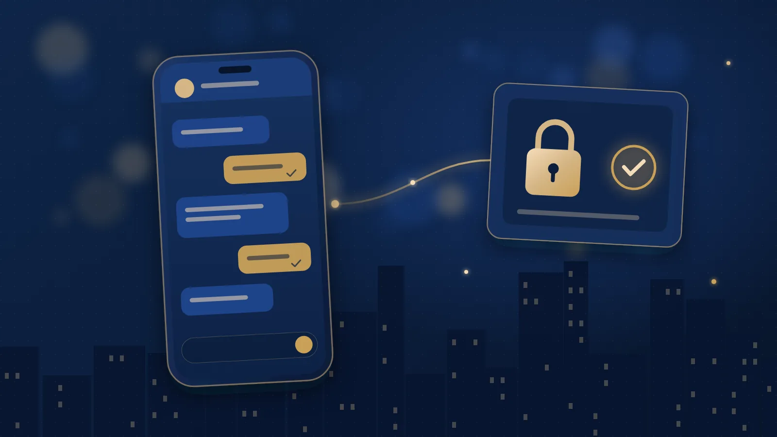 Navy and gold illustration of a smartphone with abstract chat bubbles connected by a glowing gold line to a consent card showing a padlock and a tick, with a softly lit city skyline behind.