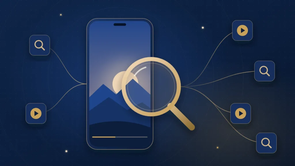 Navy and gold illustration of a vertical smartphone playing a mountain-landscape video, with a gold magnifying glass over it and thin lines branching out to small play-button and search tiles.