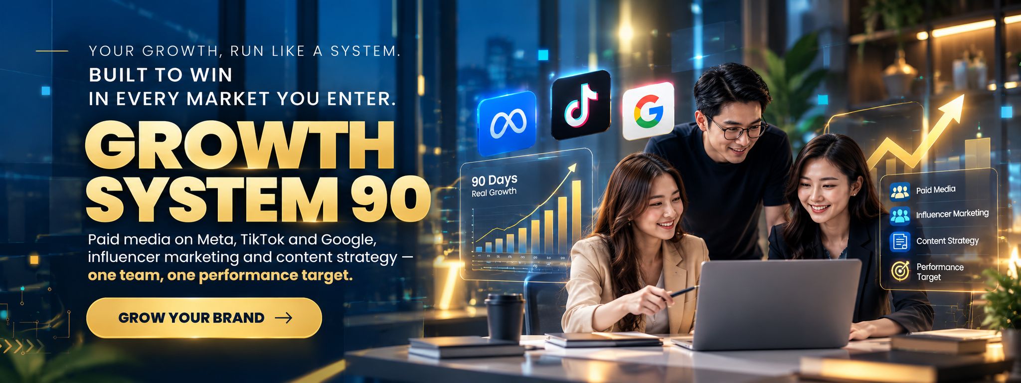 Growth System 90 by Brands Win Agency, a Singapore performance marketing agency: paid media on Meta, TikTok and Google, influencer marketing and content strategy. One team, one performance target. Grow your brand.