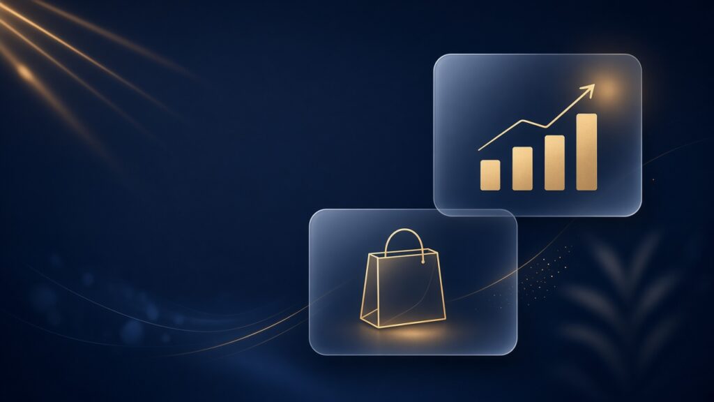 Brands Win Agency growth and ecommerce glass cards on navy background.