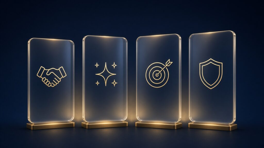 Four gold values panels for collaboration, creativity, clarity and authenticity on navy background.
