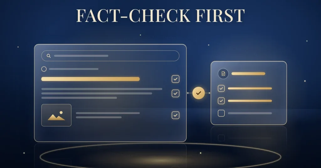 Fact-check first: a gold-outlined search result card with a title, description and small image, each with a ticked check box beside it, linked to a short checklist panel, on a navy background.