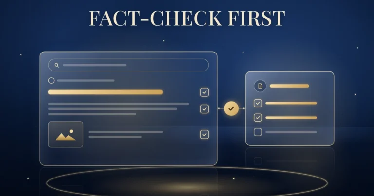 Fact-check first: a gold-outlined search result card with a title, description and small image, each with a ticked check box beside it, linked to a short checklist panel, on a navy background.