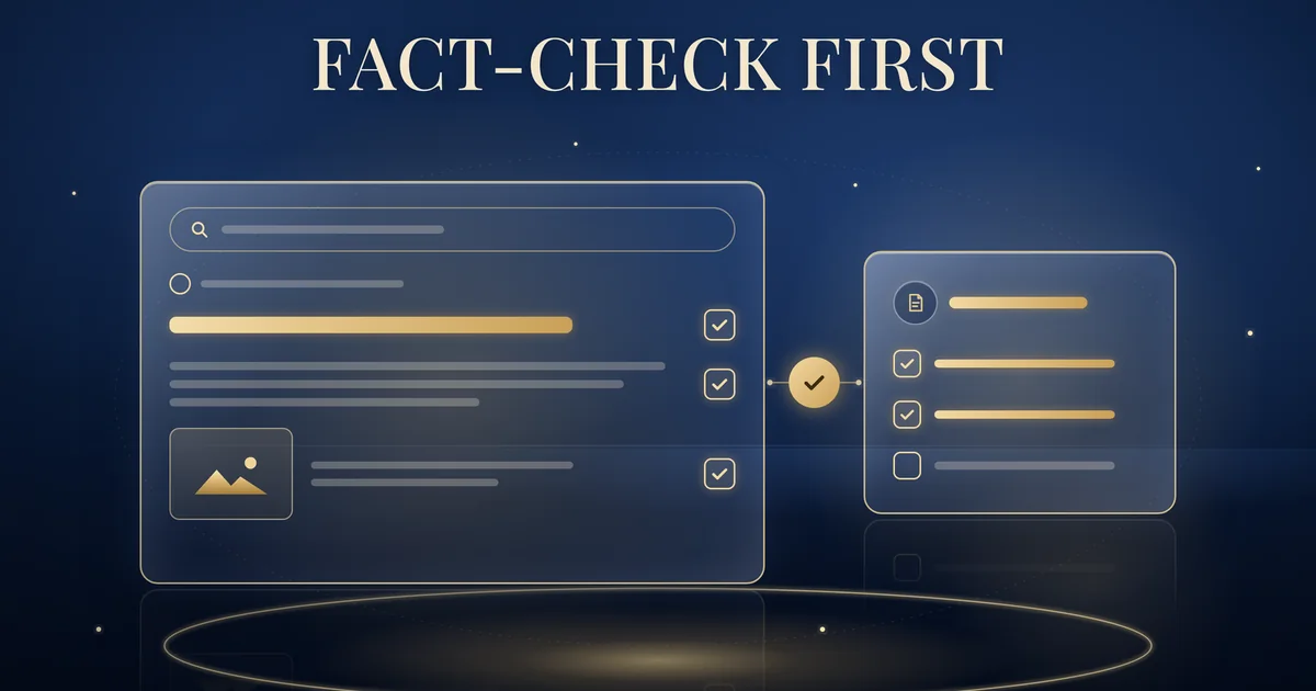 Fact-check first: a gold-outlined search result card with a title, description and small image, each with a ticked check box beside it, linked to a short checklist panel, on a navy background.