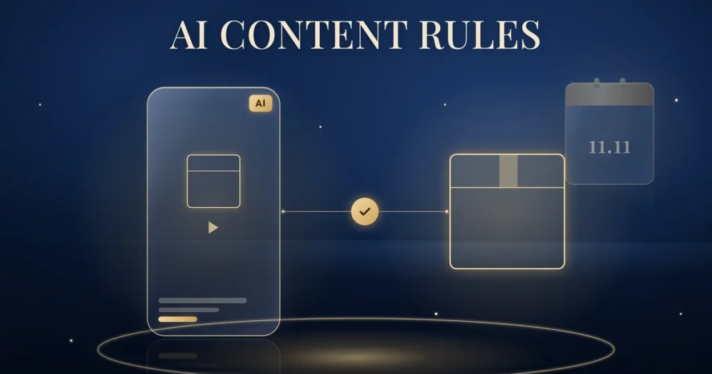 Labelled and accurate AI content: a gold-outlined phone showing a simple short-video screen with a small gold AI tag, linked by a thin gold line and a gold check mark to a gold-outlined product box that matches the outline on the screen, with a faint calendar tile reading 11.11 behind, on a navy background.