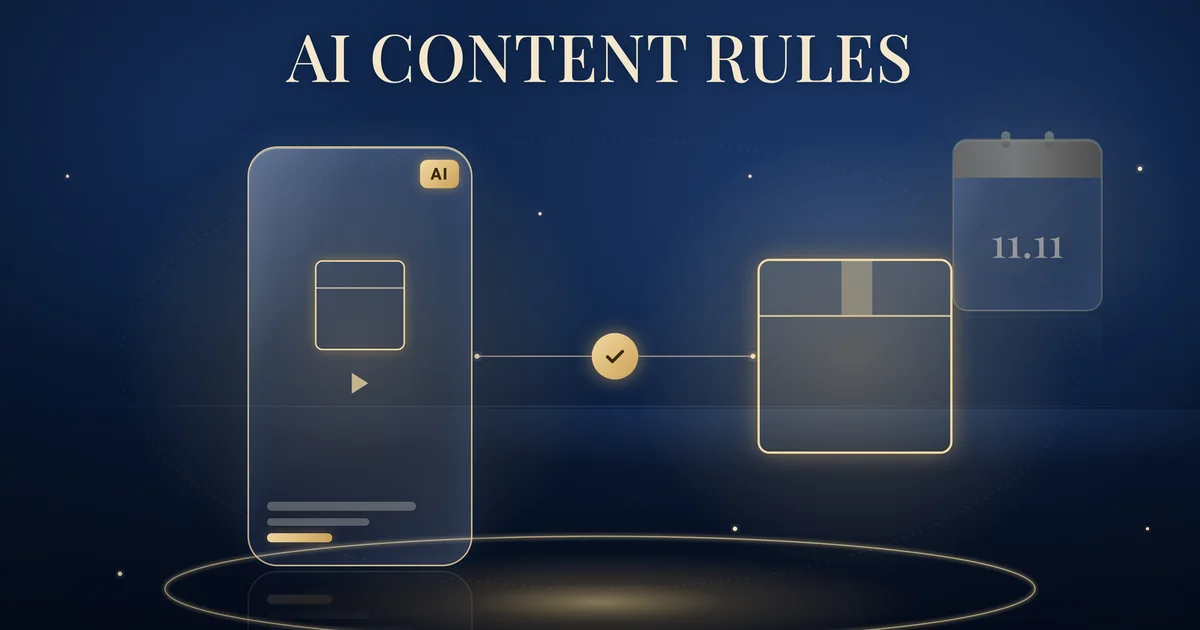 Labelled and accurate AI content: a gold-outlined phone showing a simple short-video screen with a small gold AI tag, linked by a thin gold line and a gold check mark to a gold-outlined product box that matches the outline on the screen, with a faint calendar tile reading 11.11 behind, on a navy background.