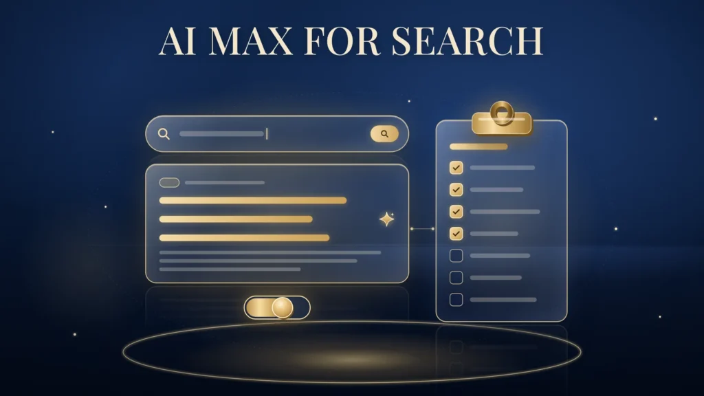 AI Max for Search: a gold-outlined search bar above an ad card with gold headline lines and a small sparkle on one line, a half-on gold toggle switch under the card, and a gold clipboard checklist with ticked and open boxes on a navy background.