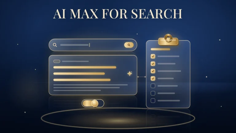 AI Max for Search: a gold-outlined search bar above an ad card with gold headline lines and a small sparkle on one line, a half-on gold toggle switch under the card, and a gold clipboard checklist with ticked and open boxes on a navy background.