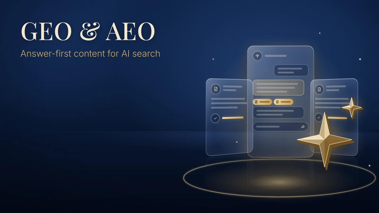 GEO & AEO: Answer-first content for AI search. Glass chat windows show an AI answer with gold source tags, beside a large faceted gold sparkle on a navy background.