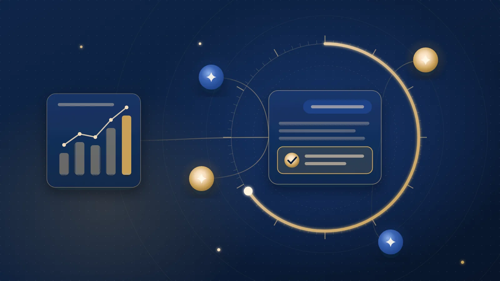 Navy and gold illustration of an AI answer panel with a ticked, highlighted recommendation card inside a gold measurement ring, linked to a rising bar chart and four glowing assistant icons.