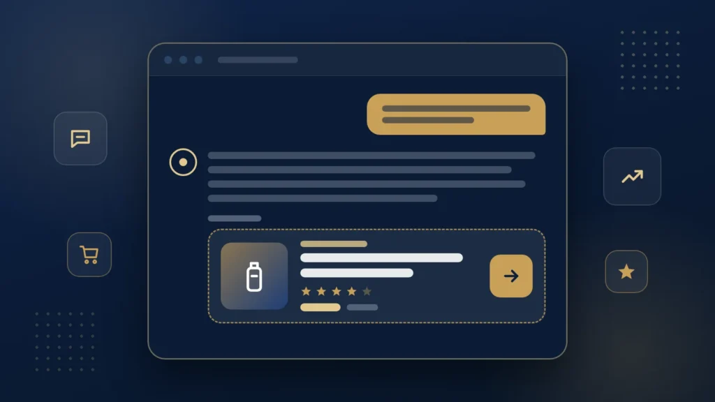 Illustration of a chat window with a question bubble, answer lines and a sponsored product card below the answer showing a bottle, a star rating and an arrow button, framed by chat, cart, trend and star icons.