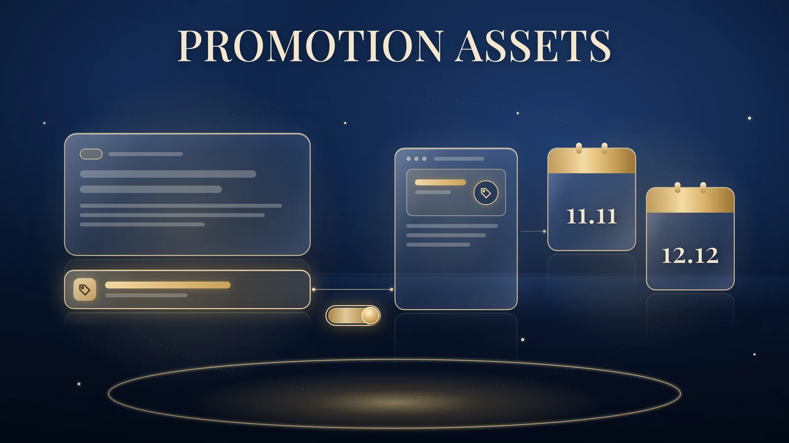 Google Ads promotion assets: a gold-outlined search result card with a highlighted gold tag strip beneath it, a thin gold line running to it from a simple web page outline with a small tag icon, a small gold toggle switch beside the line, and two gold-outlined calendar tiles reading 11.11 and 12.12 on a navy background.