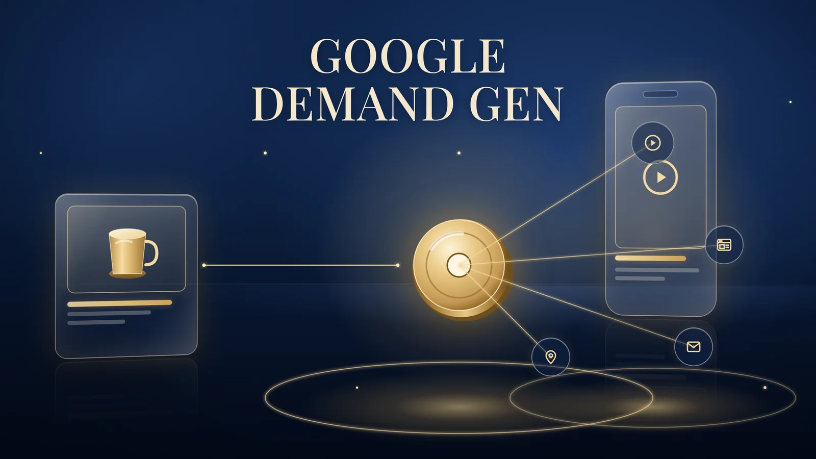 Google Demand Gen: a gold display banner with a coffee cup slides into a central gold hub, which fans out to a vertical smartphone showing a play button and small feed, email and map pin icons on a navy background.