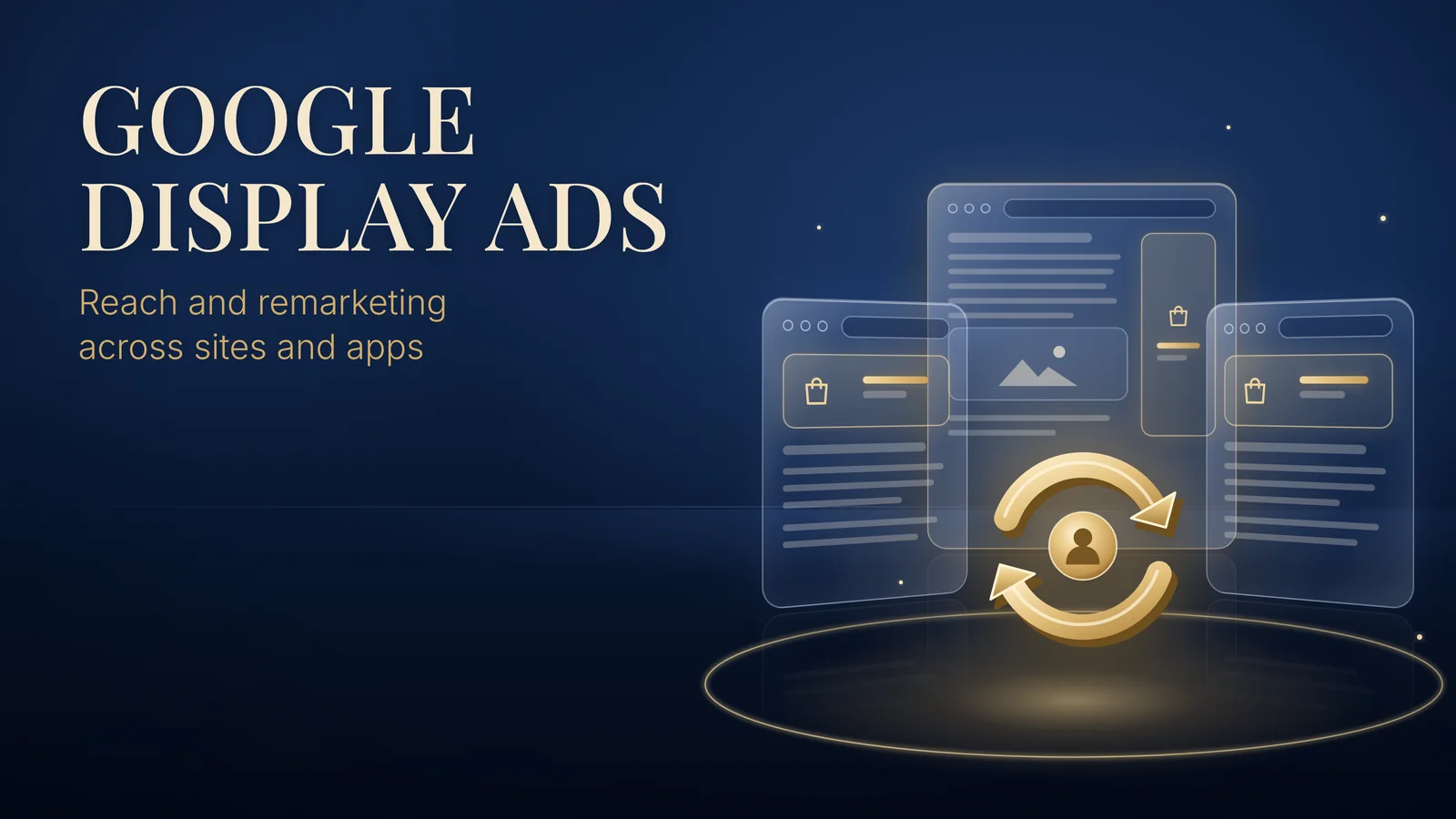 Google Display Ads: Reach and remarketing across sites and apps. Glass browser windows with banner ad slots surround gold circular remarketing arrows on a navy background.