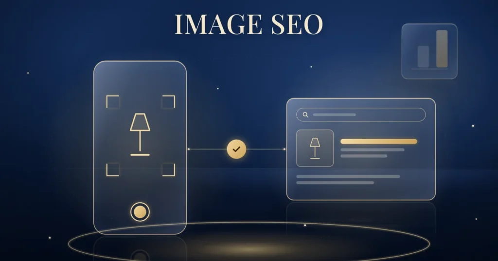 Image search to product found: a gold-outlined phone with camera viewfinder brackets framing a simple gold-outlined lamp, linked by a thin gold line and a gold check mark to a search result card showing the same lamp, with a faint two-bar chart tile behind, on a navy background.