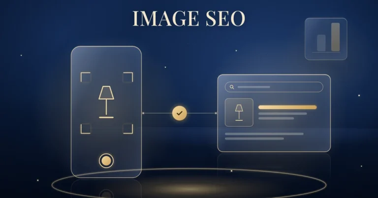 Image search to product found: a gold-outlined phone with camera viewfinder brackets framing a simple gold-outlined lamp, linked by a thin gold line and a gold check mark to a search result card showing the same lamp, with a faint two-bar chart tile behind, on a navy background.