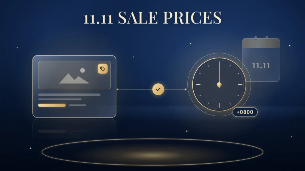 Google Merchant Center sale price timing: a gold-outlined product card with a small gold price tag icon, linked by a thin gold line and a gold check mark to a clock face set to midnight with a gold ring labelled +0800, and a faint calendar tile reading 11.11 behind the clock, on a navy background.