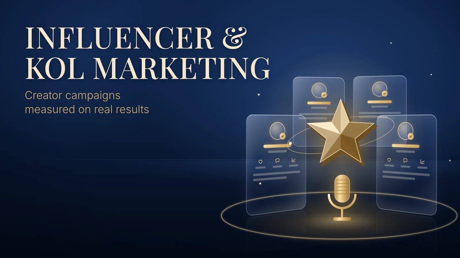 Influencer and KOL Marketing: creator campaigns measured on real results. Glass creator profile cards surround a gold star and a gold microphone.