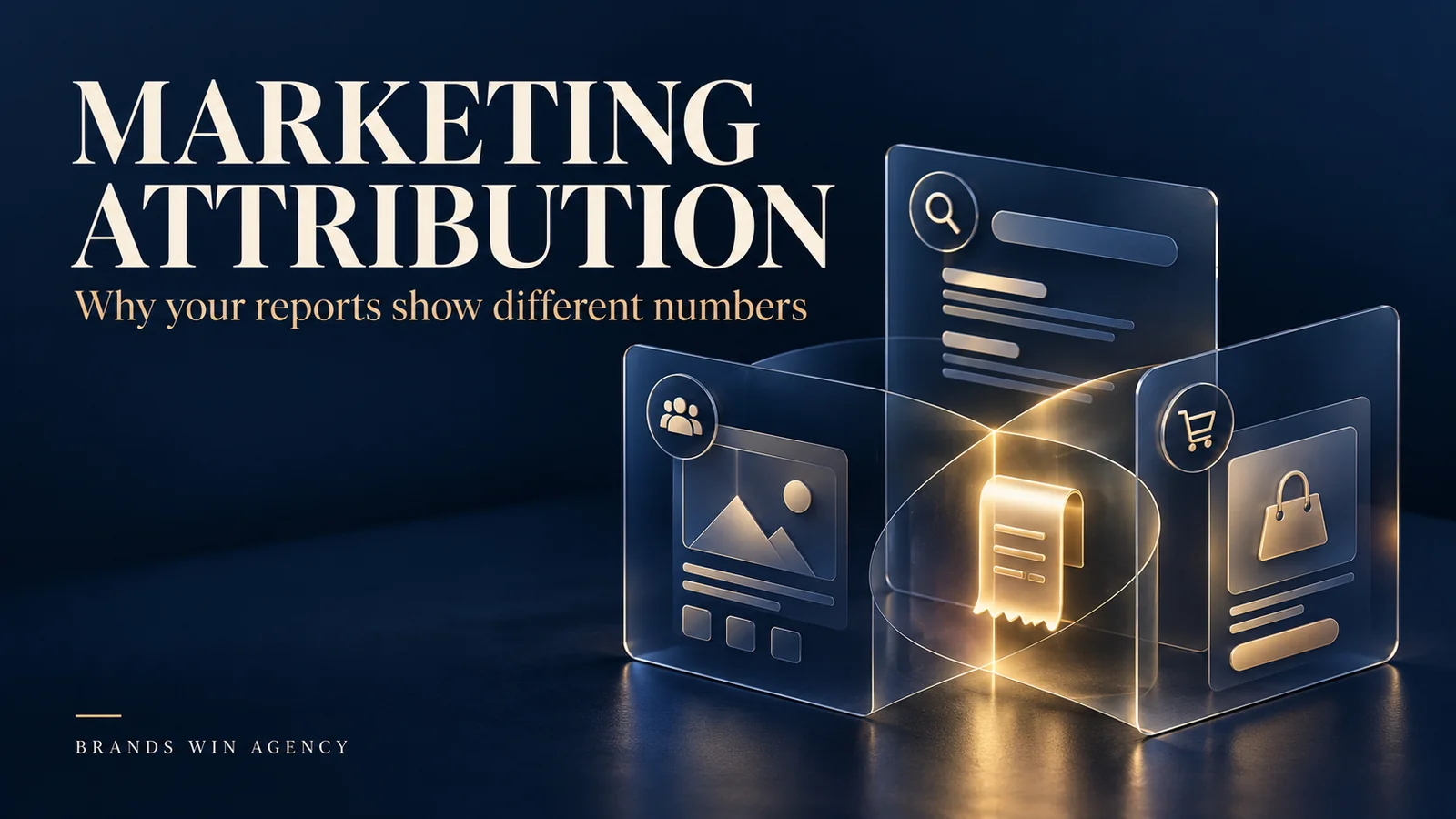 Marketing attribution: why your reports show different numbers. Glass panels for search, social and shop data overlap around a glowing gold receipt on a navy background, with the Brands Win Agency name.
