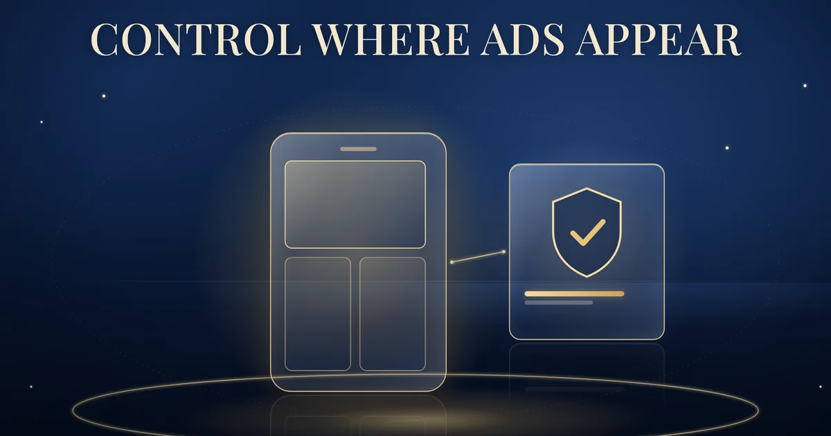 Illustration of ad placements on a phone with an account-level exclusion shield.