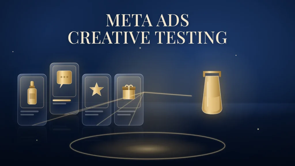Meta Creative Testing: four gold-outlined vertical ad cards with a dropper bottle, speech bubble, star and gift box, joined by a gold bracket to a beaker, with one card raised higher on a navy background.