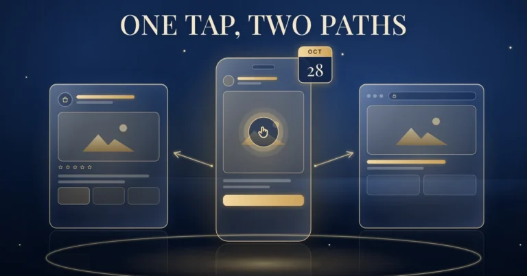 One tap, two paths: a phone showing a tap on an ad, with gold arrows leading left to an in-app product panel and right to a brand website page, and a calendar marker reading 28 Oct, on a navy background.