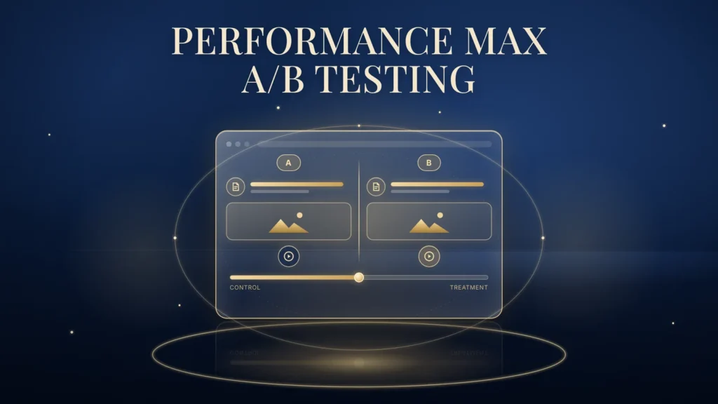 Performance Max A/B Testing: a gold-outlined Ads Manager card split into columns A (control) and B (treatment) with gold headline, image and play icons in each column, a traffic-split slider under both, and a soft gold hub circle behind the card on a navy background.