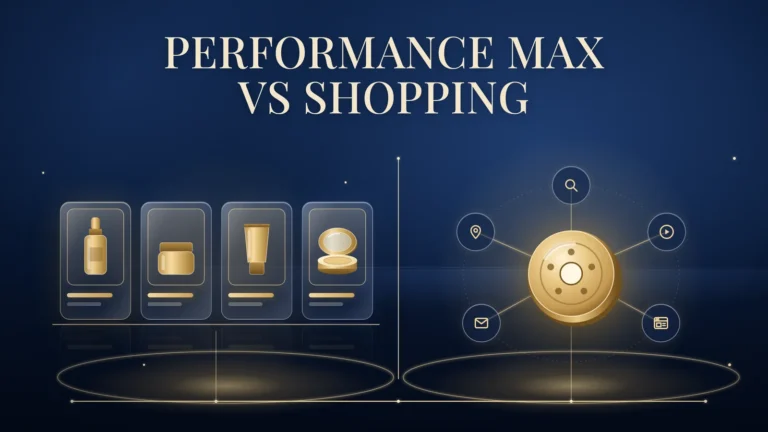Performance Max vs Shopping: on the left, four glass product cards with a gold bottle, jar, tube and compact on one shelf; on the right, a gold hub linked to search, video, display, email and map icons, both fed by one gold line on a navy background.