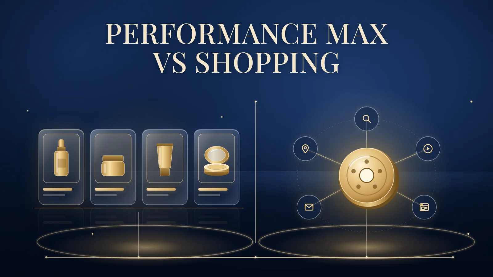 Performance Max vs Shopping: on the left, four glass product cards with a gold bottle, jar, tube and compact on one shelf; on the right, a gold hub linked to search, video, display, email and map icons, both fed by one gold line on a navy background.