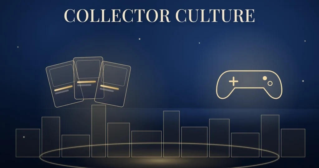 Collector culture: plain stacked card silhouettes, a simple game controller outline and a city skyline in gold line art on a navy background.