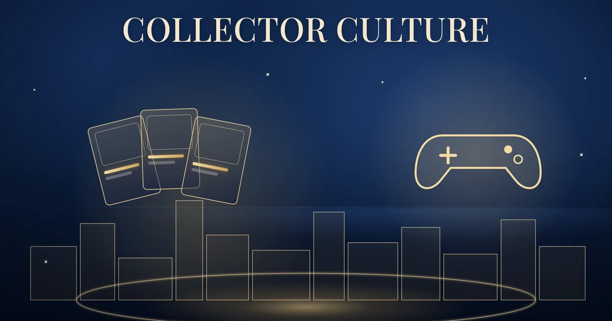 Collector culture: plain stacked card silhouettes, a simple game controller outline and a city skyline in gold line art on a navy background.