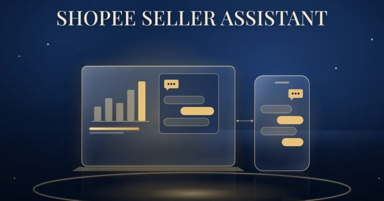 Illustration of a seller chatbot panel on a laptop and a phone beside a simple shop chart.