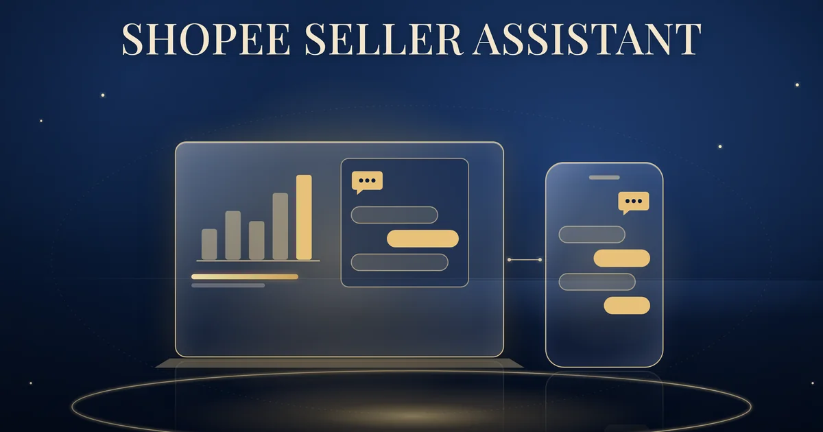 Illustration of a seller chatbot panel on a laptop and a phone beside a simple shop chart.