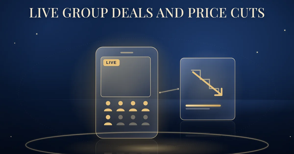Illustration of a LIVE stream with a group deal icon and a falling price arrow.