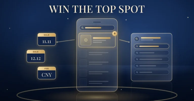 Illustration of a phone search screen with one highlighted gold result card in the top spot above greyed results, and small calendar tags for 11.11, 12.12 and CNY, on a navy background.