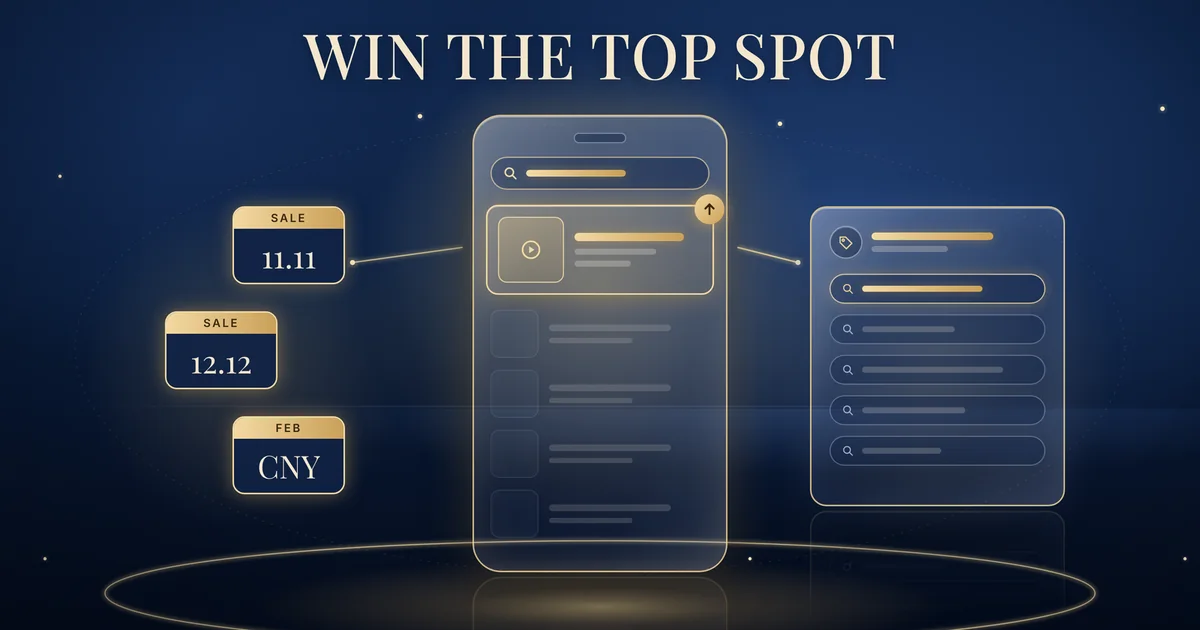 Illustration of a phone search screen with one highlighted gold result card in the top spot above greyed results, and small calendar tags for 11.11, 12.12 and CNY, on a navy background.