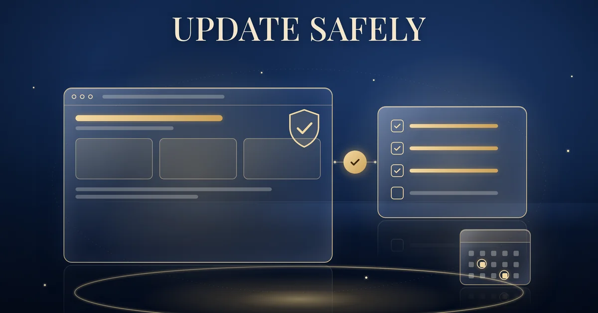 Update safely: a gold-outlined browser window showing a simple shop page with a gold shield and check mark, beside a four-item checklist for backup, staging, update and test order, and a small calendar with two circled dates, on a navy background.