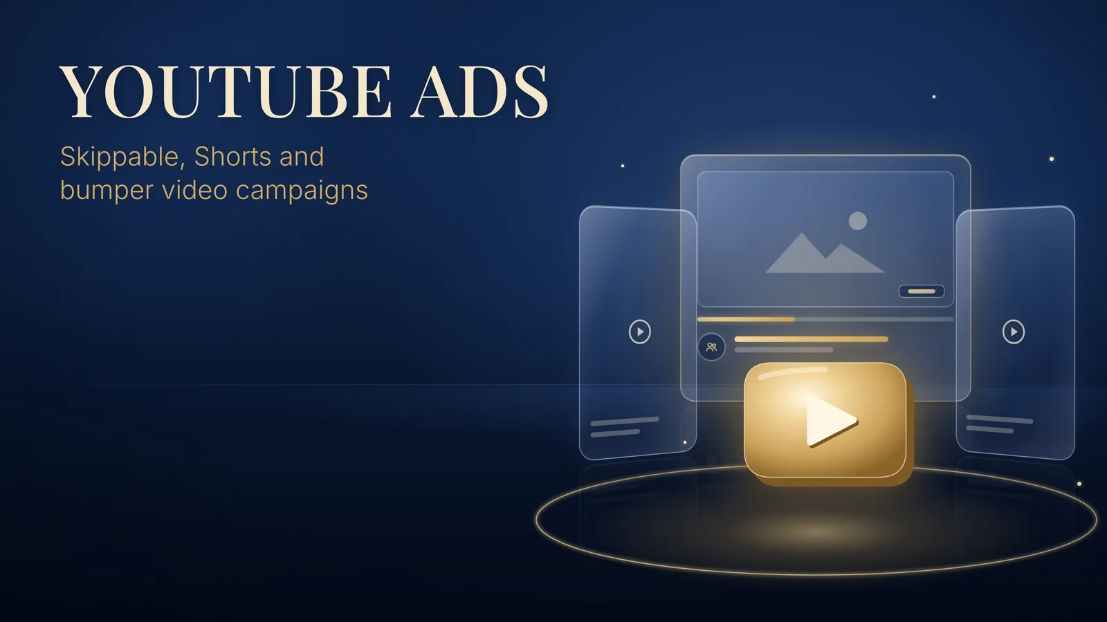 YouTube Ads: Skippable, Shorts and bumper video campaigns. A wide glass video player sits between vertical Shorts screens, with a large gold play button in front on a navy background.