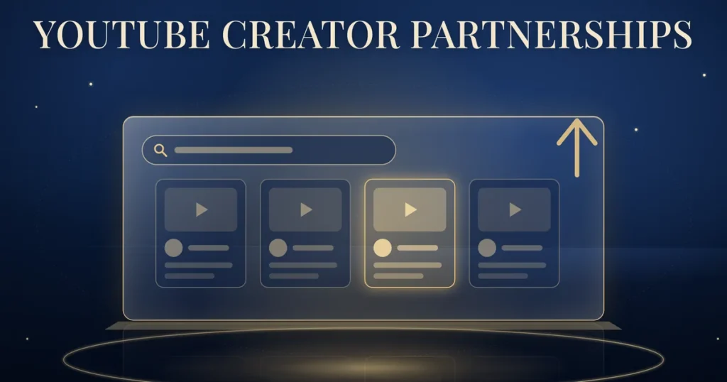 Illustration of a search panel with creator profile cards and one highlighted video card.