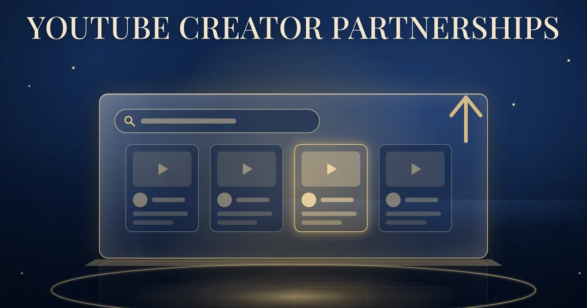 Illustration of a search panel with creator profile cards and one highlighted video card.
