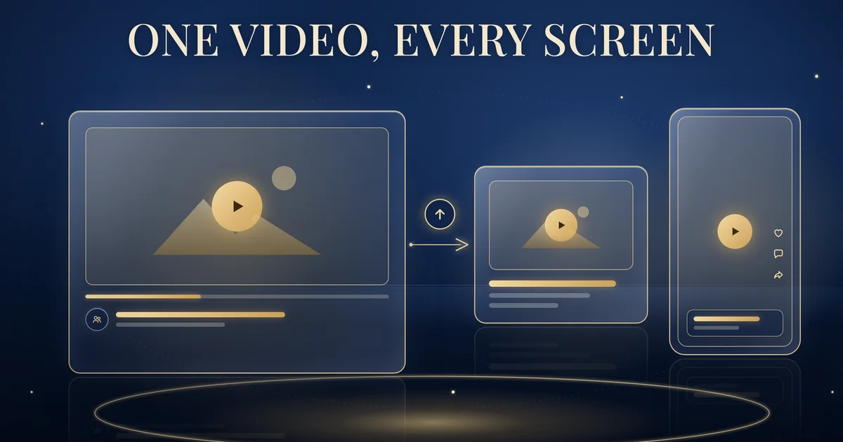 One video, every screen: a gold play button on a wide landscape video frame, linked by a gold upgrade arrow to a smaller feed card and a tall vertical phone frame, on a navy background.